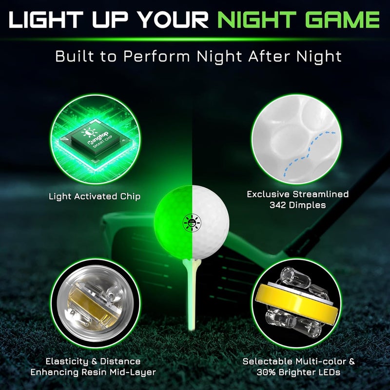KINGTOP Upgraded Glow in The Dark Golf Balls - Super Bright Light Up LED Golf Ball - with Glow Golf Tees and Storage Bag - Fun Night Golfing Gift for Men and Women | Backyard Putting Greens - Image 3